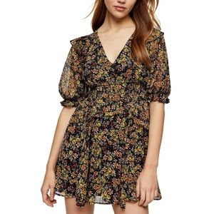 Topshop Shirred Waist Minidress, Size 2 US - Black 🤩 B7